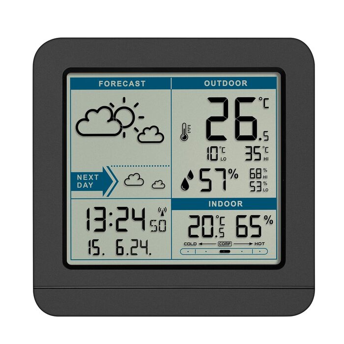 TFA Dostmann digital radio weather station SKY, 35.1152.01, with outdoor sensor, temperature & humidity inside/outside, weather forecast, high/low values, radio clock, 123 x 52 x 117 mm, black