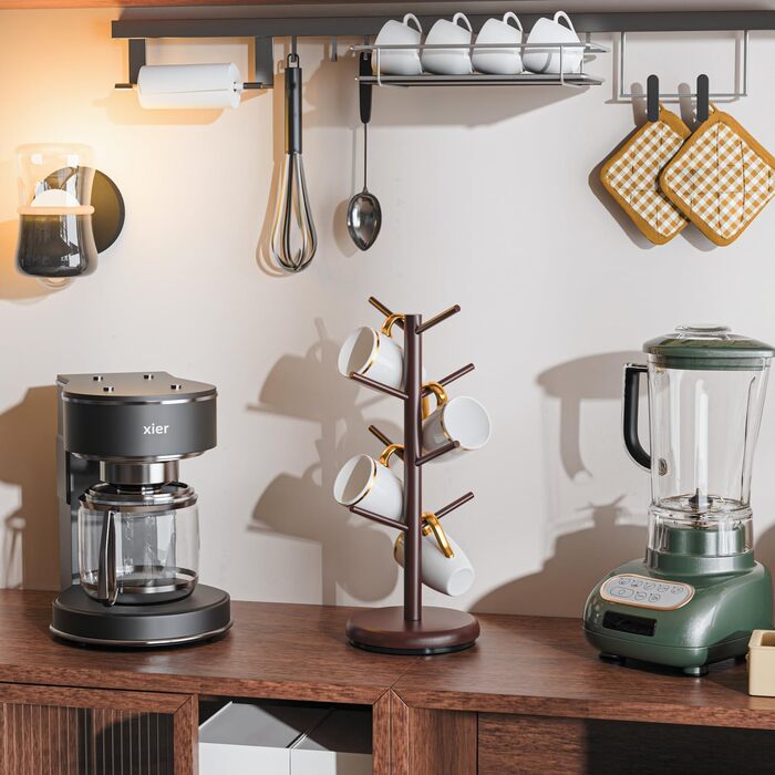 BAMBANG Bamboo Coffee Mug Tree, Swivel Coffee Mug Holder for Countertop, Coffee Mug Shelf with 8 Hooks, Coffee Mug Organizer, Coffee Mug Hanger for Coffee Bar, (Espresso)