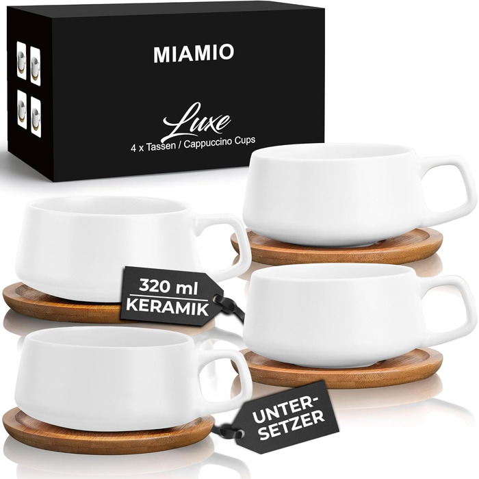 MIAMI - Set of 4 x 320 ml Coffee Cups/Cappuccino Cups with Saucers/Elegant/Modern/Coffee Cups made of Stoneware - Luxe Collection 4-Piece Set (White)