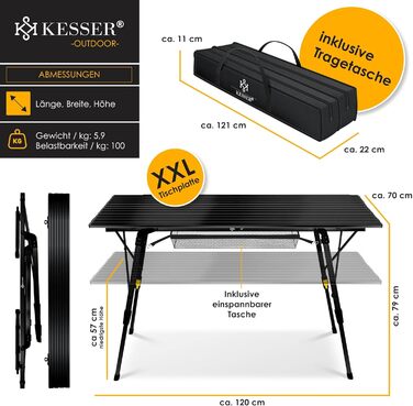 Стіл для кемпінгу KESSER® розкладний, з алюмінієвим каркасом, регулювання висоти, 120x70 см, до 100 кг, з сумкою та кишенькою, чорний
