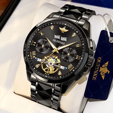 Чоловічий годинник OLEVS Automatik Skeleton Mechanical з автопідзаводом, люкс, з діамантами, сапфіровим склом, вологостійкий, браслет з вольфрамової сталі (3186 Чорний)