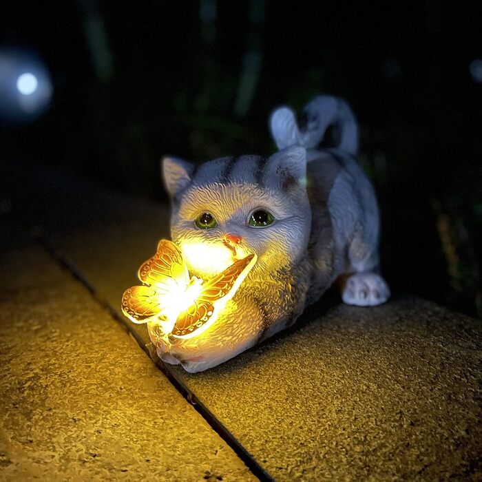 Cat Figurine Garden Decor Cat Garden Decoration Butterflies Solar Lights for Outdoors Balcony Garden Decoration Courtyard Layout Cute Cat Top Butterfly Ornaments Resin Solar Lights (gray)