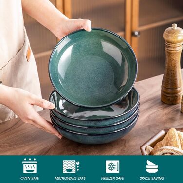 Набір тарілок для супу Vancasso Bonbon (6 шт.), супові миски з кераміки, 21,7 x 5,5 см, великі глибокі тарілки для пасти, локшини, рамен, салату, придатні для миття в посудомийній машині та використання в мікрохвильовій печі (зелені)