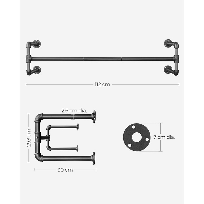 SONGMICS Wall-Mounted Clothes Rack, Industrial Design Clothes Bar, Set of 1, Wall Mounting, Holds up to 60 kg, 30 x 11 x 9.3 cm, Easy Assembly, Black HSR64BK-0 (1)