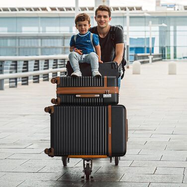 Набір валіз Joyway 5шт з ABS пластику, розширюваний, з TSA-замком. Чорний колір. Включає: валізу-троль, сумку-рюкзак та косметичку.