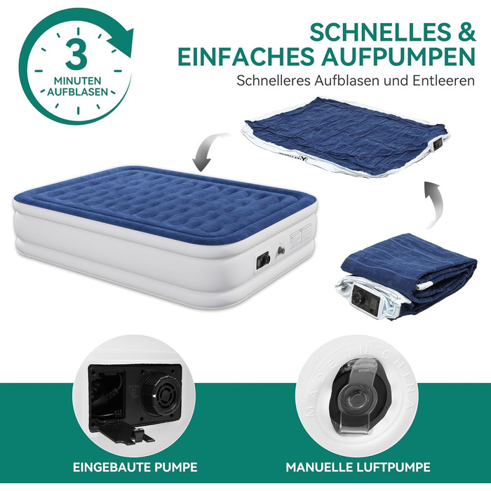 Надувний матрац YITAHOME 2x1,5м з електричною помпою, самонадувний, для 2 осіб, білий/блакитний