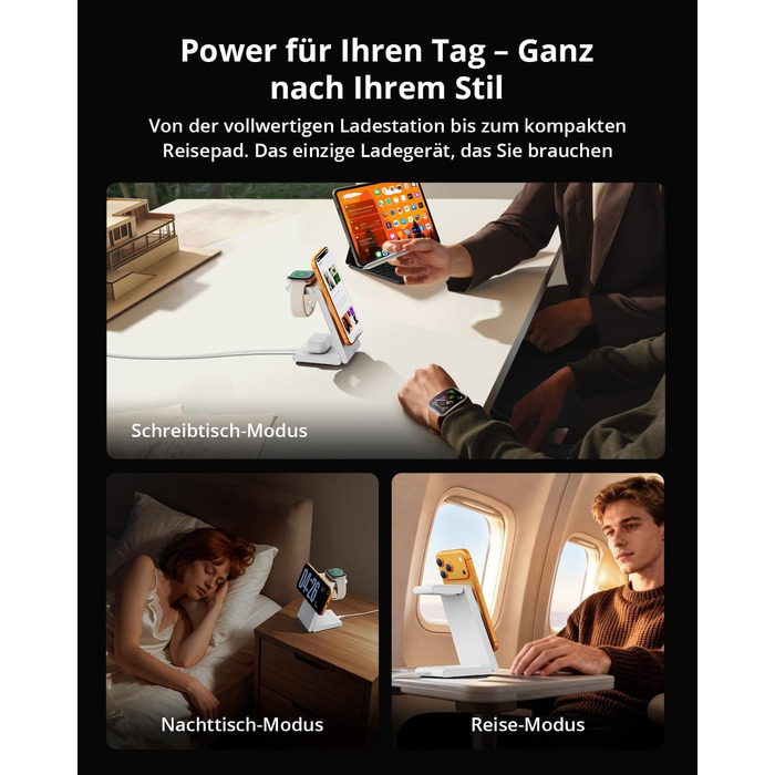 Зарядний пристрій 3-в-1 GEEKERA MagSafe для Apple Watch, iPhone (12-17) та AirPods, бездротова зарядка, матовий білий