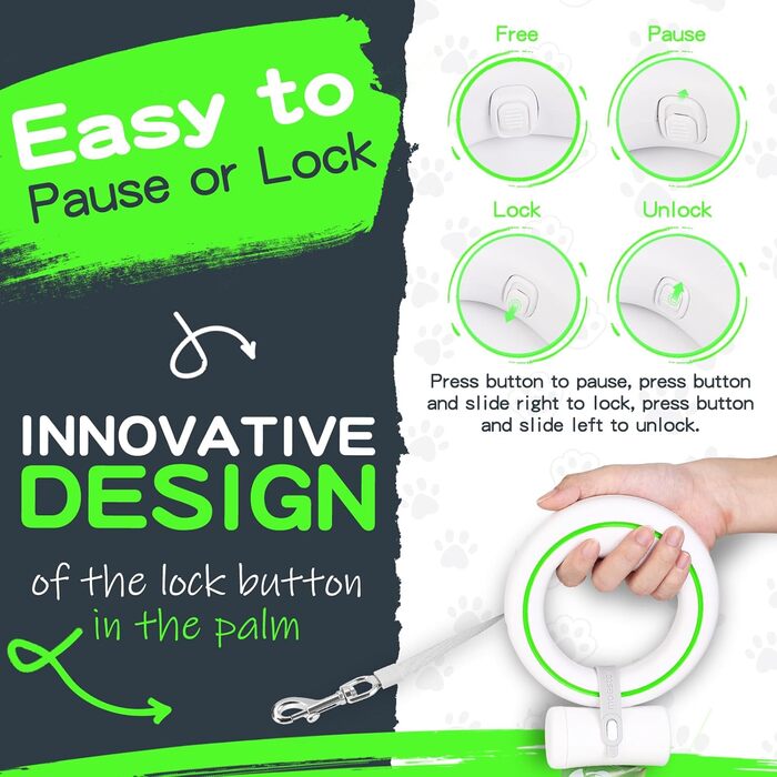 Висувна поводок для собак, ручне кріплення, 360°, без спутанності, 3 м, з тримачем для собачого посліду, для середніх та маленьких собак (чорний/зелений)