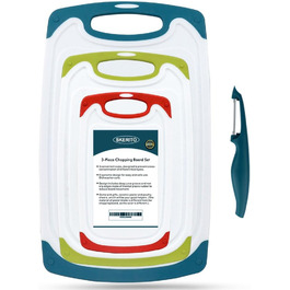 Набір з 3 дерев'яних обробних дощок SKERITO для кухні (синій, зелений, червоний) з антиковзкими ручками та жолобками для соку