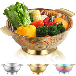 Ситечко Kyraton Gold Colander 5 Quart: професійне нержавіюче сито з покриттям з титану та золота, міцні ручки та основа для самостійного зливу, легко миється, підходить для миття в посудомийній машині