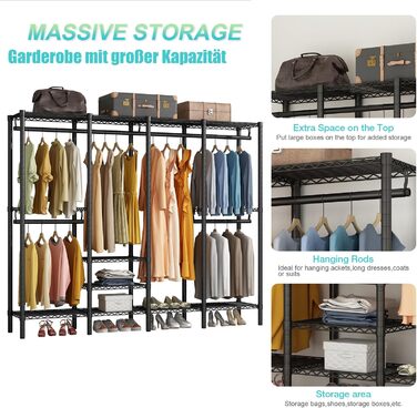KZOBYD Clothes Rack, Coat Rack with 6 Height-Adjustable Shelves, Clothes Rail with 4 Hanging Compartments, Plenty of Space, for Bedroom, Living Room (Black)