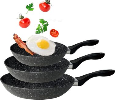 Набір сковорідок, чорний колір, з ефектом граніту - 3 шт. (28 см + 24 см + 20 см), антипригарне покриття, для індукційних, газових та склокерамічних плит