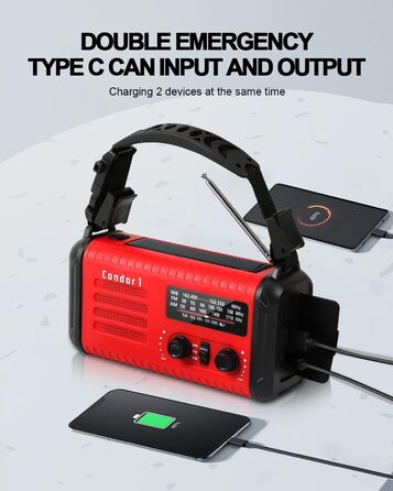 Радіо Kurbelradio на сонячній енергії 20000mAh з AM/FM, SOS-сигналом, LED-ліхтариком та USB-зарядкою, червоне