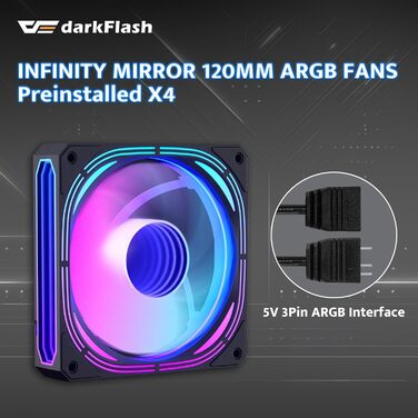 darkFlash ATX корпус для ігрового ПК Mid-Tower, 4 ARGB вентилятори, прозора передня панель, 2 камери, Typ-C, підтримка 2x360 AIO, чорний (DPW90)
