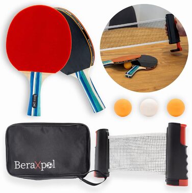 BERAXPOL Набір для настільного тенісу преміум-класу, портативний, з висувною сіткою | 3 м'ячі | Сумка для перенесення | Сімейний відпочинок | Подарунок