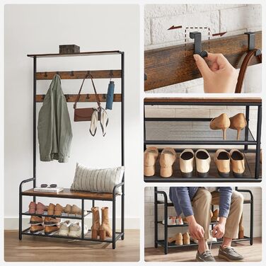 VASAGLE Coat Rack, Coat Stand, Clothes Rack with 9 Hooks, Shoe Bench, Shelf, 30 x 85 x 180.5 cm, for Entryway, Bedroom, Small Apartments, Industrial Design, Vintage Brown-Black HSR409B01