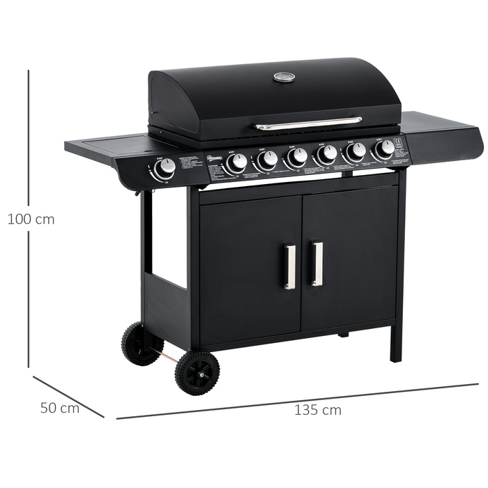 Газовий гриль Outsunny BBQ з візком, 6 конфорок, 1 бічна конфорка, шафка, багатофункціональний, метал, чорний, 135 x 50 x 100 см | Aosom
