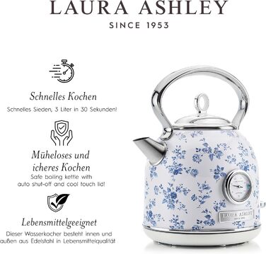 Laura Ashley Elveden Wireless Electric Kettle - 1.7L Stainless Steel, 2.2kW Fast Boil, Temperature Display & Overheat Protection