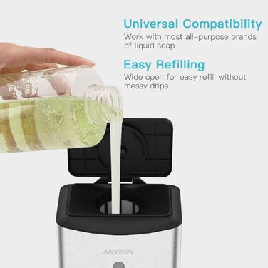 anydry AD1206 Commercial Wall Mount Automatic Liquid Soap Dispenser, Stainless Steel Finish, 1100ml Large Capacity (Brushed Stainless Steel)