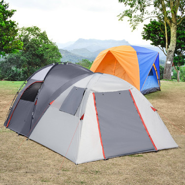Outsunny 5-Person Tent - Tunnel Tent with Bedroom, Carry Bag, 2000mm Water Column, Mesh Windows, Grey | Aosom