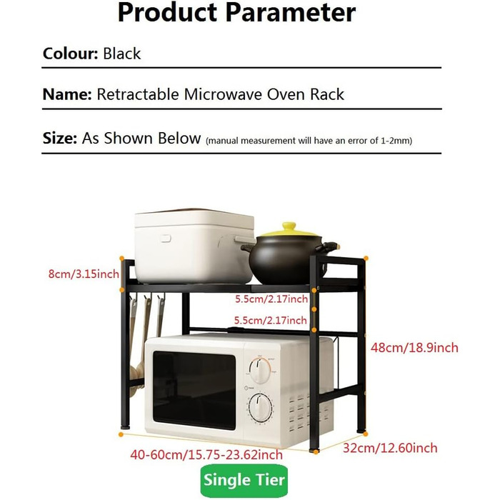 Adjustable Microwave Rice Cooker Stand Holder Kitchen Countertop Storage Organizer Shelf Freestanding Expandable Spice Rack (1 Tier, Black)