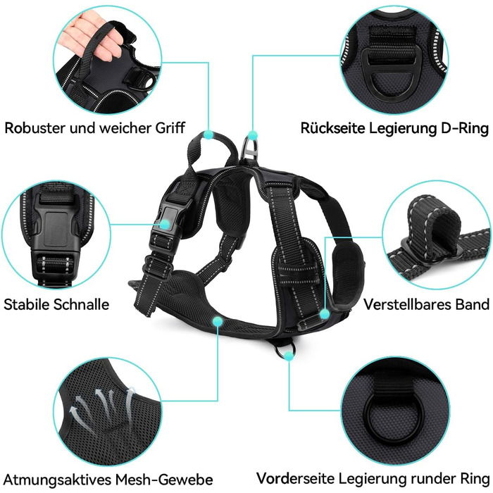 Шлейка для собак середнього розміру Joytale, світловідбиваюча, дихаюча, з ручкою для тренувань, чорна, M (1 шт.)