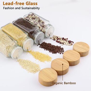 Набір банок для спецій квадратних [12 штук] з бамбуковою кришкою, 120 мл, з воронкою, наклейками, щіткою та ситами