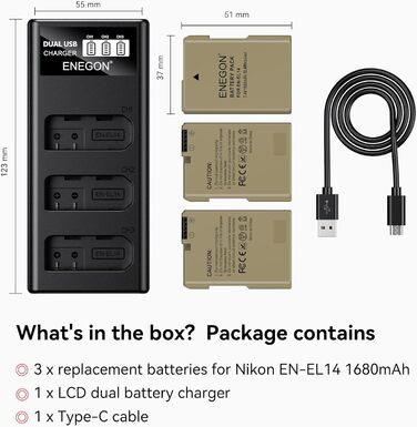 Запасний акумулятор ENEGON EN-EL14/EL14a (2 шт.) та смарт-LED зарядний пристрій Dual USB для Nikon DSLR D3100, D3200, D3300, D3400, D3500, D5100, D5200, D5300, D5500, D5600, DF, Coolpix P7000, P7100, P7700, P7800 (2 акумулятори + зарядний пристрій)