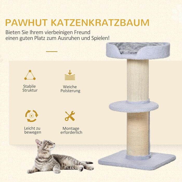 PawHut Cat Tree Small 91 cm Cat Tree with Cat Bed, Cat Scratching Post Play Tree Scratching Post with Platform for Cats up to 5 kg Sisal Lambswool Light Blue