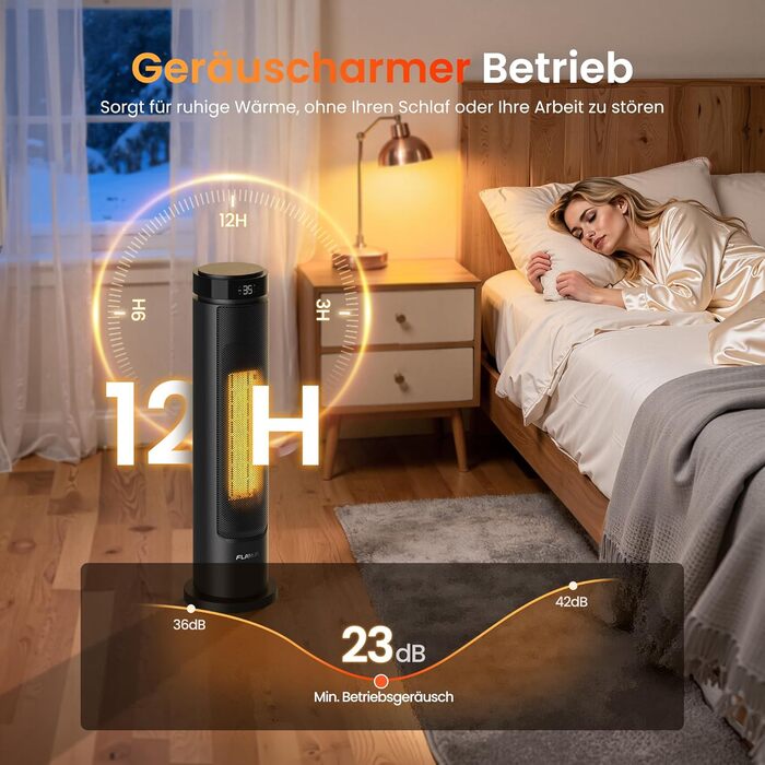 Електричний обігрівач PTC 2000W з керамічним нагрівачем, тихий, з термостатом та пультом керування, ECO режим, 70° осциляція, таймер 12h, захист від перегріву та перекидання, чорний, 1 шт (60 см)