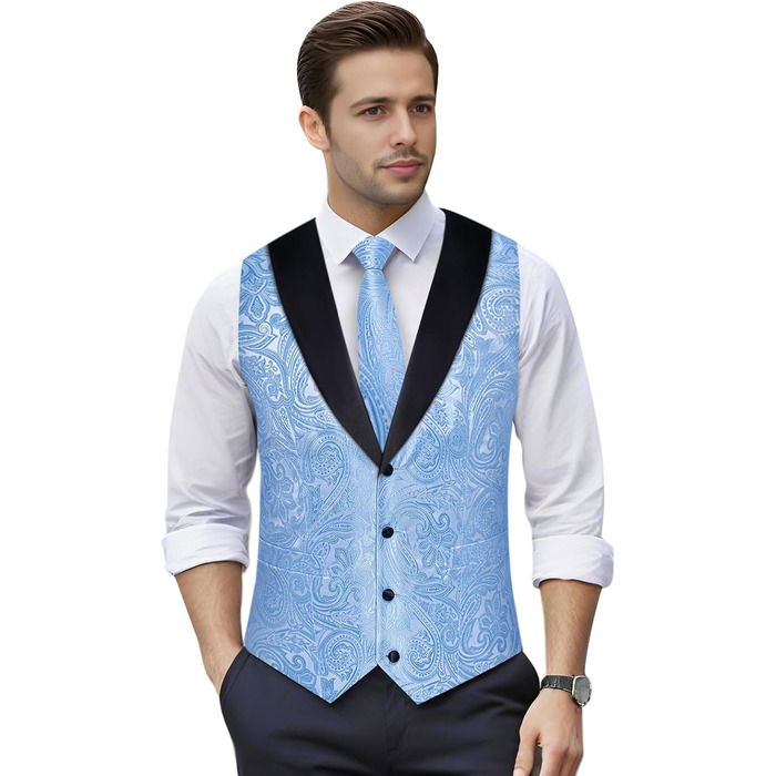 Костюм чоловічий DiBanGu 7-частинний: жакардовий піджак, жилет, краватка, кравецький комірець, сорочка, штани. Ідеально для весілля, свят, офіційних заходів. Кольори: золото та чорний (XXL, небесно-блакитний)