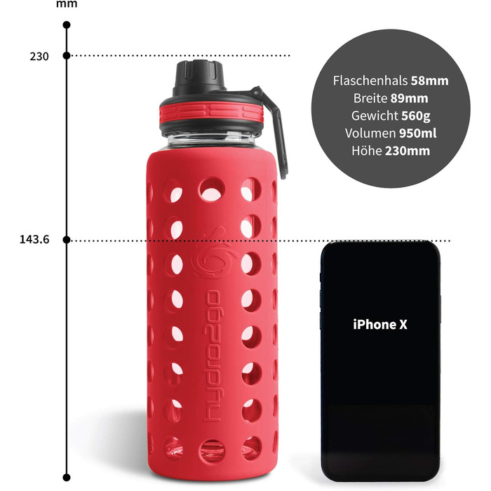 Пляшка для води Hydro2Go Glas Urban Red 2.0 950 мл з силіконовим чохлом та соломинкою, BPA-free, герметична, для посудомийної машини