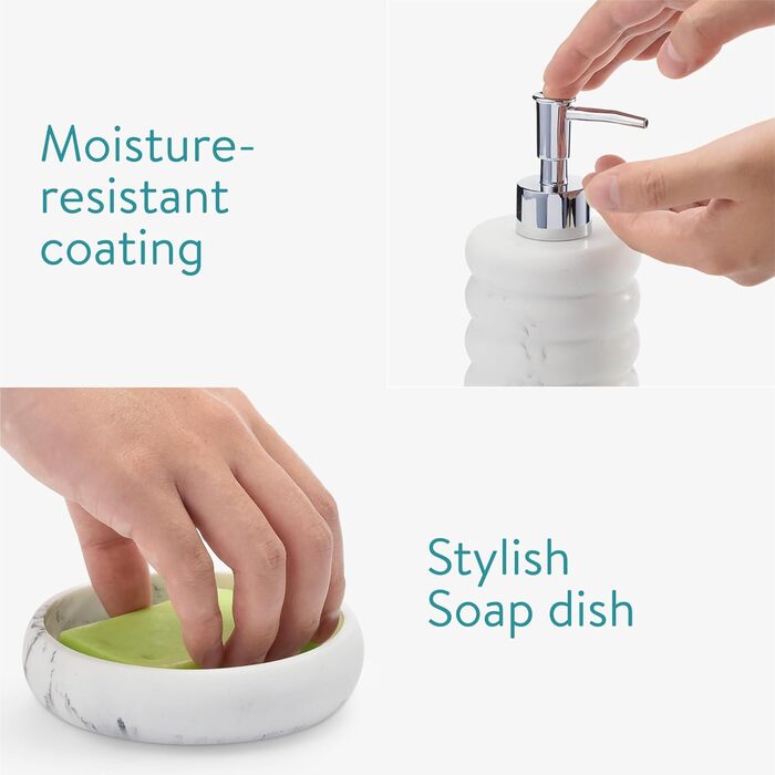 Набір для ванної кімнати Navaris: дозатор мила, стакан для зубної пасти, 3 предмети. Аксесуари для ванної кімнати з штучного каменю (білий)