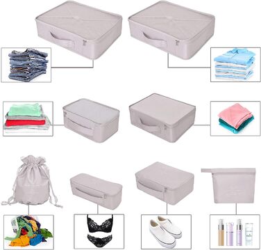 Органайзери для валіз: 8 комплектів, 7 кольорів. Організатори для подорожей, мішки для взуття, компресійні мішки. Сірий колір.