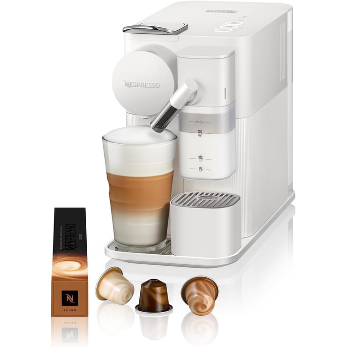 Кавова машина капсульна Nespresso De'Longhi Lattissima One EN510.W з автоматичною системою приготування молока, 3 кнопками вибору напоїв, резервуаром для води 1 л, тиском помпи 19 бар, швидким нагріванням за 25 секунд, автоматичним вимкненням, біла Porcel