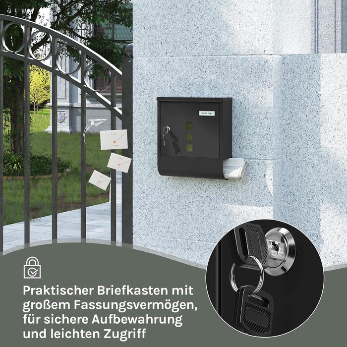 Поштовий ящик WOLTU з газетницею, оглядовим вікном та табличкою для імені, настінний, замиканий (2 ключі), сучасний дизайн, чорний (30,5x33,5x9 см)