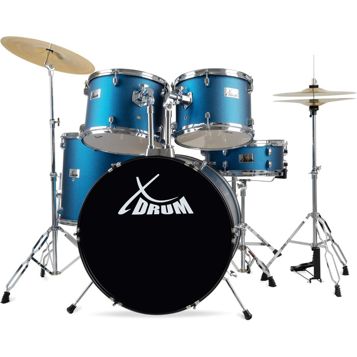 XDrum Semi 22' Standard барабанна установка Satin Blue Sparkle (22' BD, 12' TT, 13' TT, 16' FT, 14' SD) з навчальним посібником, блакитний колір