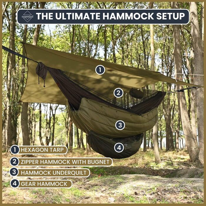 Onewind Premium 11' Camping Zippered Hammock, Single Portable Hammock with Mosquito Net and Tree Straps for Travel, Camping, Backpacking, and Hiking… (Braun, 335cm*162cm)