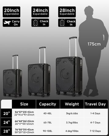 Набір валіз Sea Choice 3 шт. з жорстким корпусом, розширюваний, легкий, з 4 колесами, з тримачем для напоїв та TSA замком, чорний