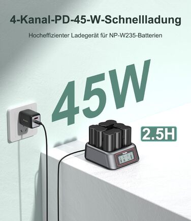 Зарядний пристрій King Ma для акумуляторів камер, 4-канальний, 45W PD, LED-дисплей, сумісний з Sony A7III/A7IV/A7RIII/A7RV/A7C/A7CII/A6700/A9/A9III/A1/ZV-E1/FX3/FX30 (NP-W235)