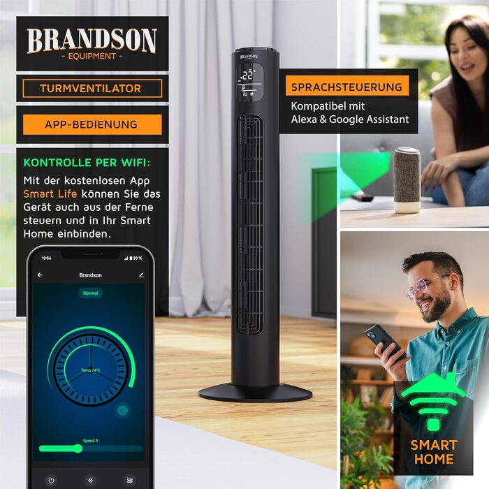 Турбовентилятор Brandson ECO з DC мотором: тихий, Wi-Fi, Smart Home, керування через додаток/Alexa, осциляція, чорний