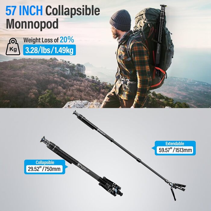 SIRUI SVM-145 Монопод з вуглецевого волокна з швидкою системою | 3-в-1 модульний монопод, 145 см, 10 кг вантажопідйомність | Швидке регулювання та заміна для DSLR та відео