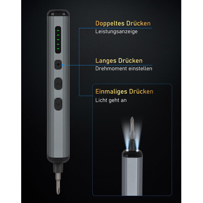 Електрична викрутка 70 в 1 з набором S2 біт, 4 LED, 200 RPM, для ремонту годинників, ПК, телефонів (срібно-чорний)