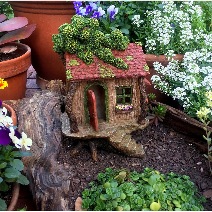 PRETMANN's Fairy Garden House - large fairy tree house with a door that opens - 22.9 cm high - fairy garden accessories