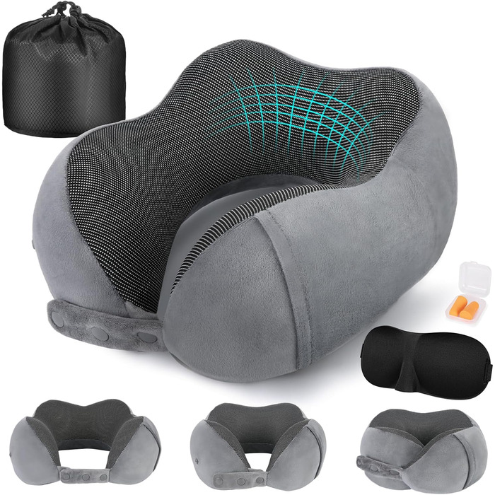 Подушка для шиї в літак, доросла, з піною з пам'яті, регульована, компактна, ергономічна, м'яка, дихаюча, з навушниками, маскою для очей, чохлом (Сірий)