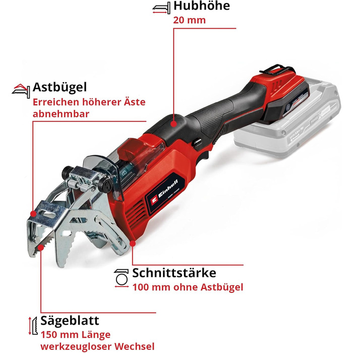 Einhell Cordless Pruning Saw GE-GS 18/150 Li-Solo Power X-Change (18V, 100 mm max. cutting depth, 20 mm stroke height, removable branch support, incl. 2x saw blade, without battery)