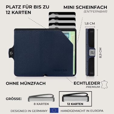PURISTO KLIK: Смарт-портмоне для чоловіків з натуральної шкіри з RFID захистом - компактний картхолдер на 12 карт (темно-синій)