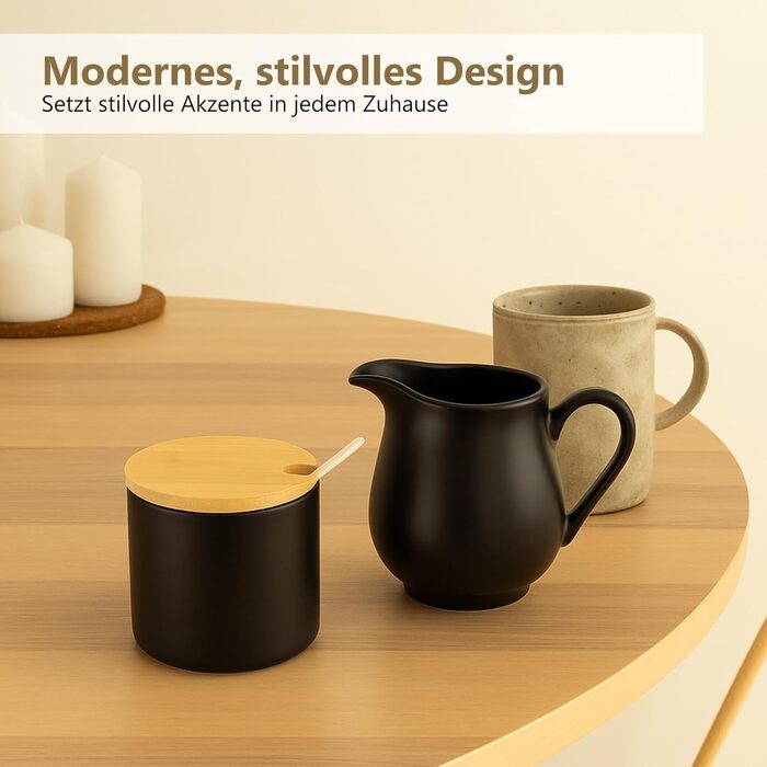 Набір для молока та цукру з кришкою та ложкою: молочник чорний керамічний та цукорниця з дерев'яним підносом, придатний для миття в посудомийній машині та використання в мікрохвильовій печі