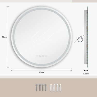 Дзеркало для ванної кімнати Dripex круглої форми з підсвічуванням LED, сенсорне керування, регулювання яскравості, 3 кольори світла, запобігання запотіванню, 60x60 см