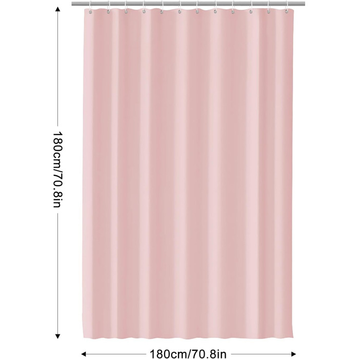 Штора для душу 180x180 см, водонепроникна, антигрибкова, для ванни/душу, з кільцями, рожева